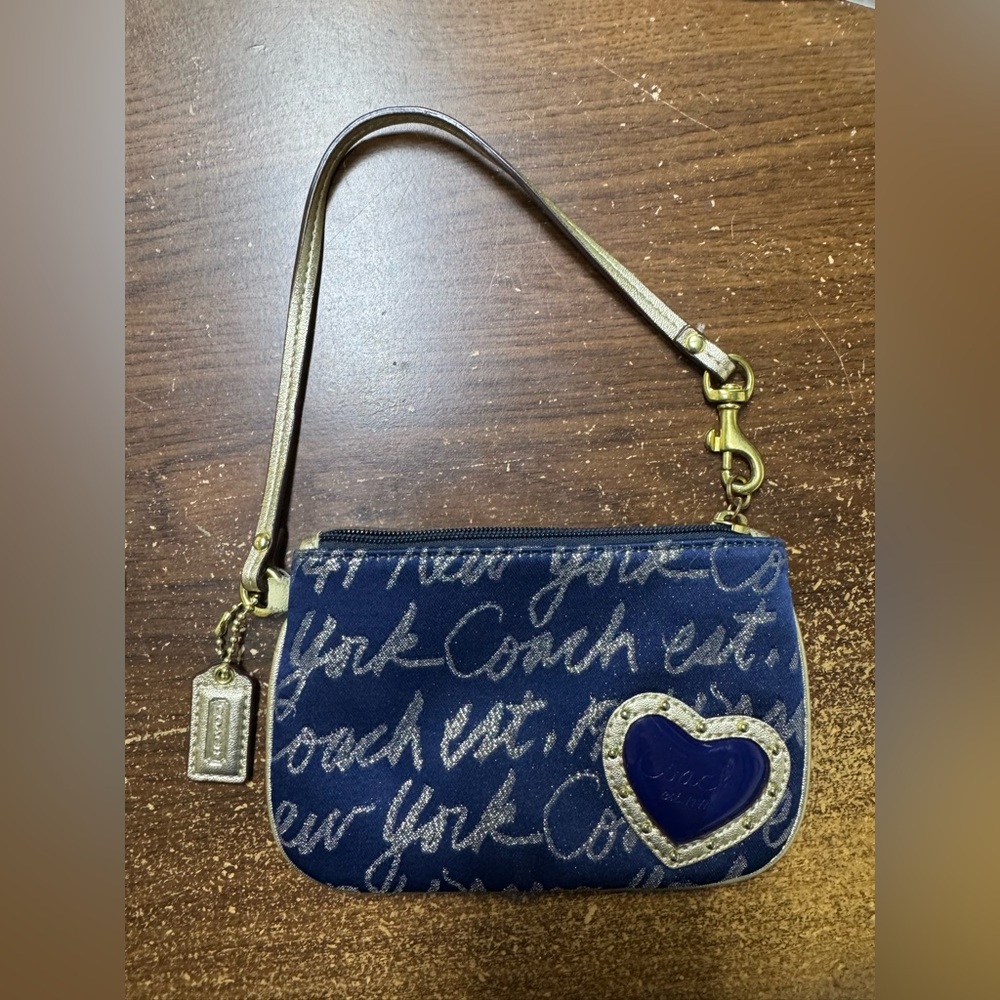 Coach Poppy Blue and Gold Script Wristlet with Heart Detail